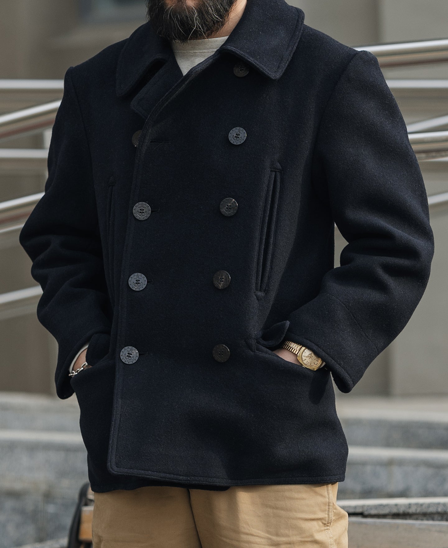 Caban en laine croisé bleu marine classique Manteau court pour homme