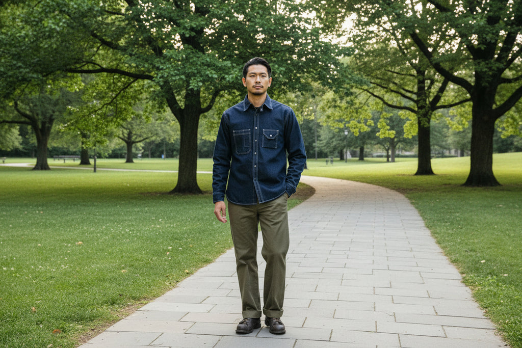 Chemise de travail à manches longues en denim bleu épais avec poches poitrine