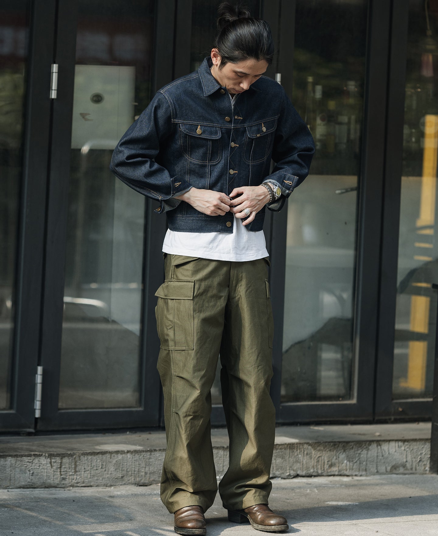 Veste de camionneur en jean sanforisé Indigo avec boutons en laiton style vintage pour homme