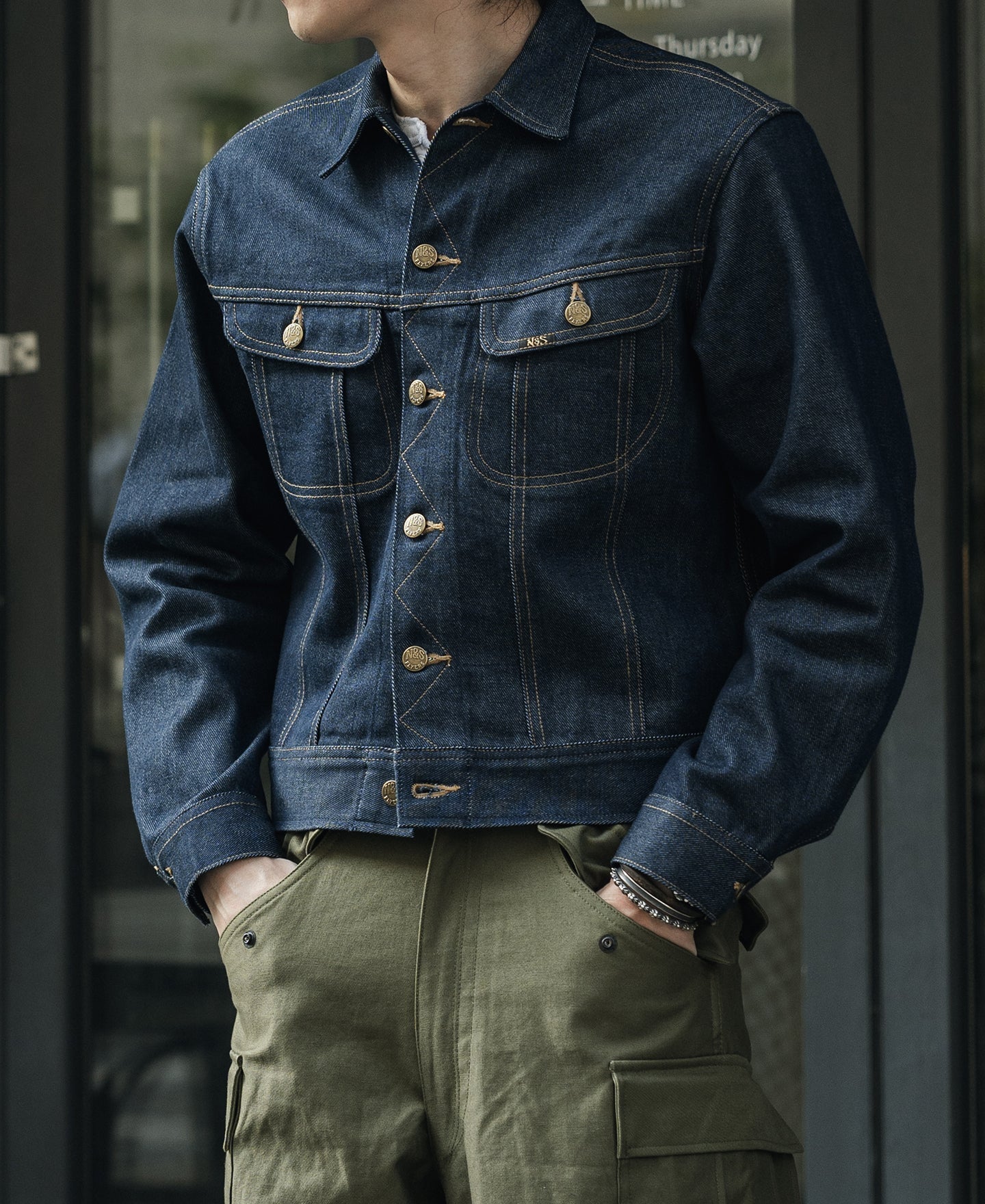Veste de camionneur en jean sanforisé Indigo avec boutons en laiton style vintage pour homme