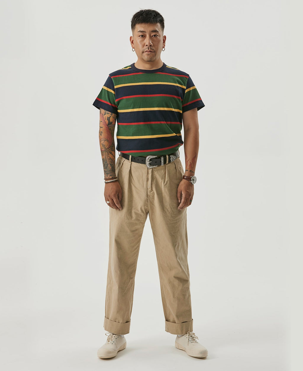 Pantalon chino homme kaki à double pli, coupe décontractée et fuselée