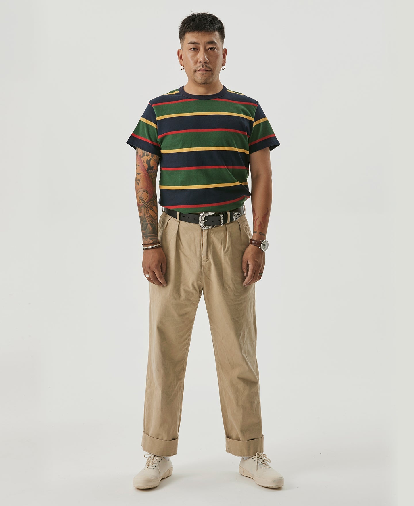 Pantalon chino homme kaki à double pli, coupe décontractée et fuselée