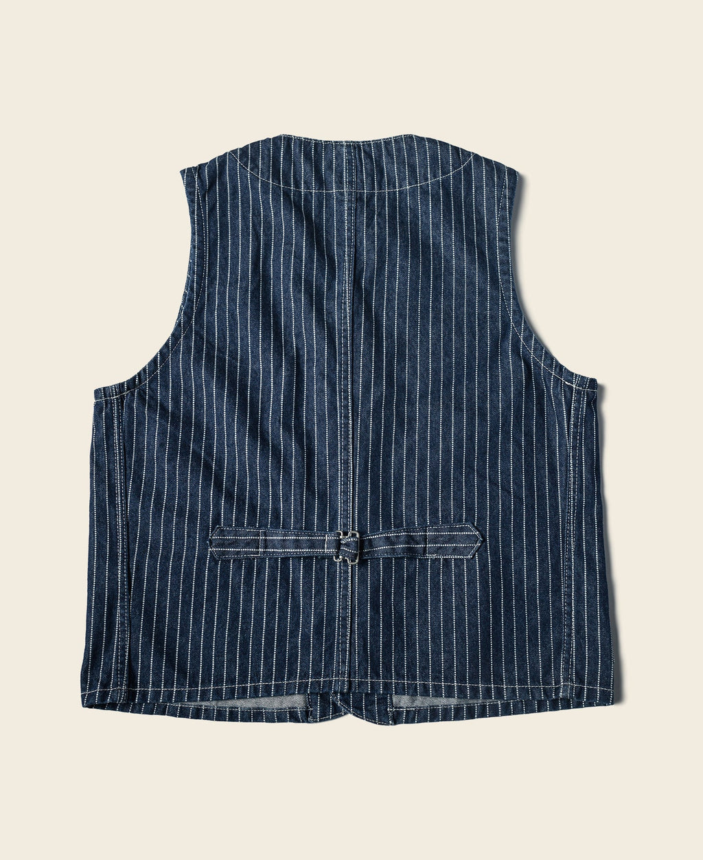 Gilet de travail sans manches à col en V, rayé indigo, avec poches multiples et fermeture boutonnée