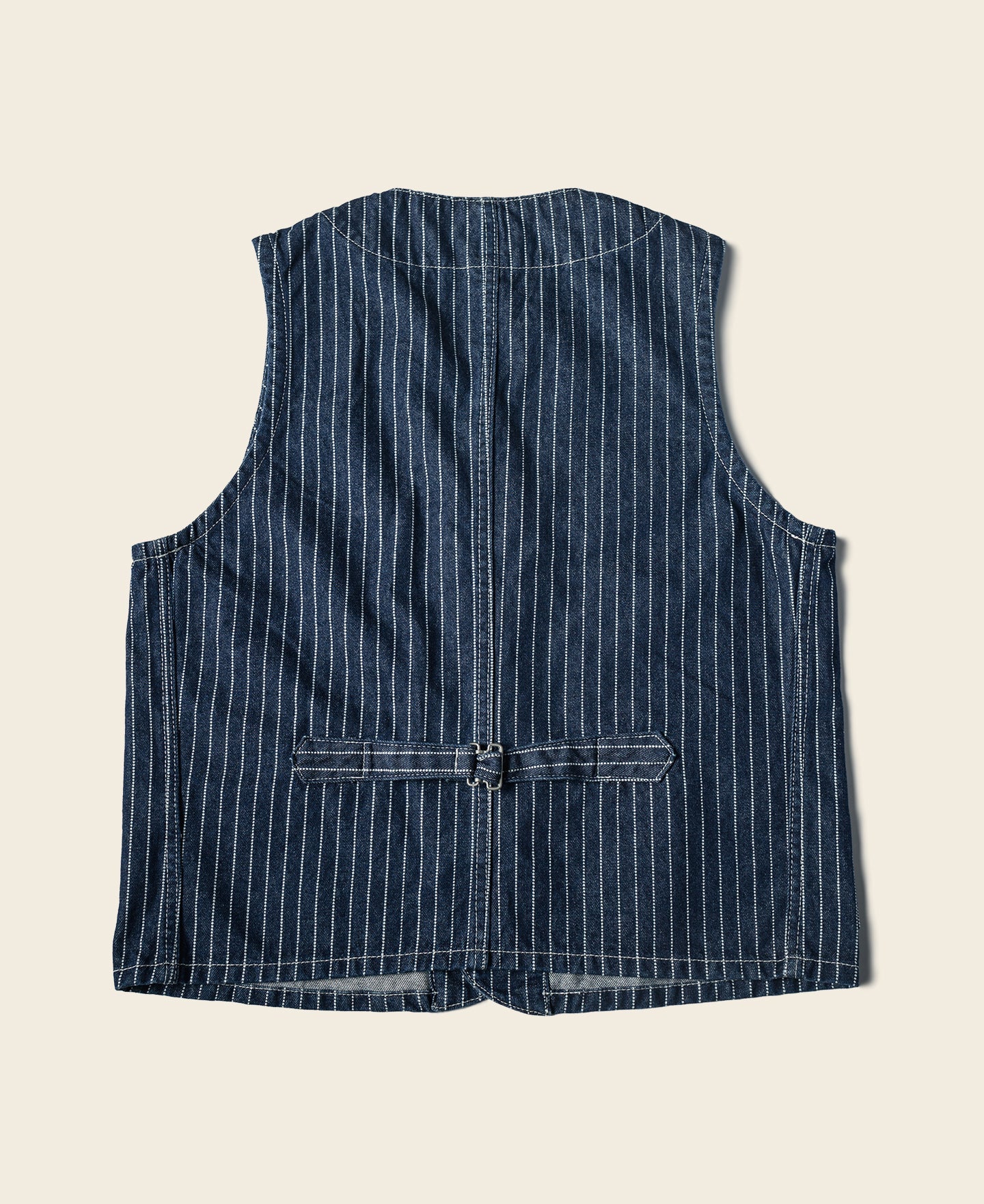 Gilet de travail sans manches à col en V, rayé indigo, avec poches multiples et fermeture boutonnée