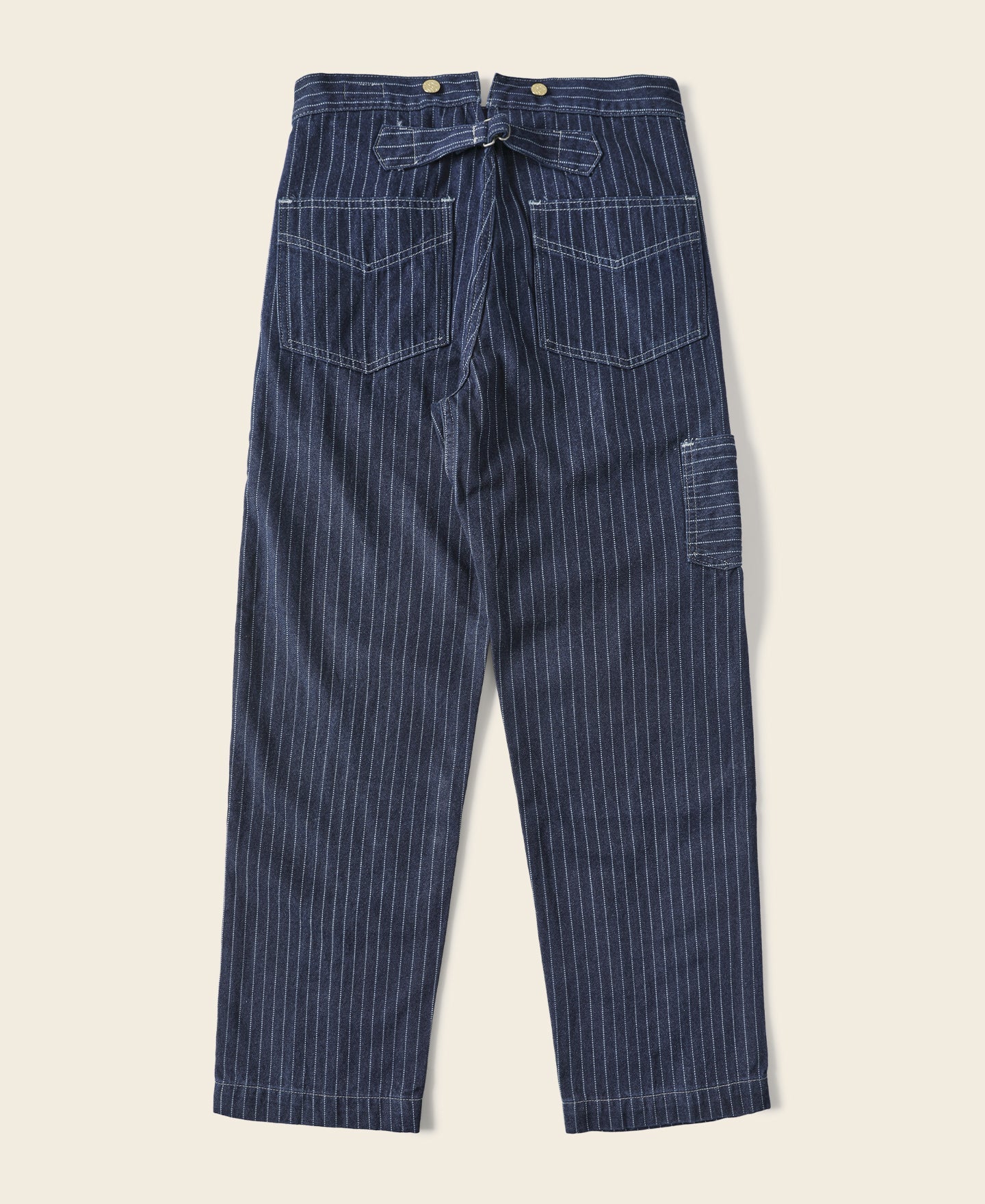 Pantalon de travail indigo à rayures fines, taille haute et boutons en laiton