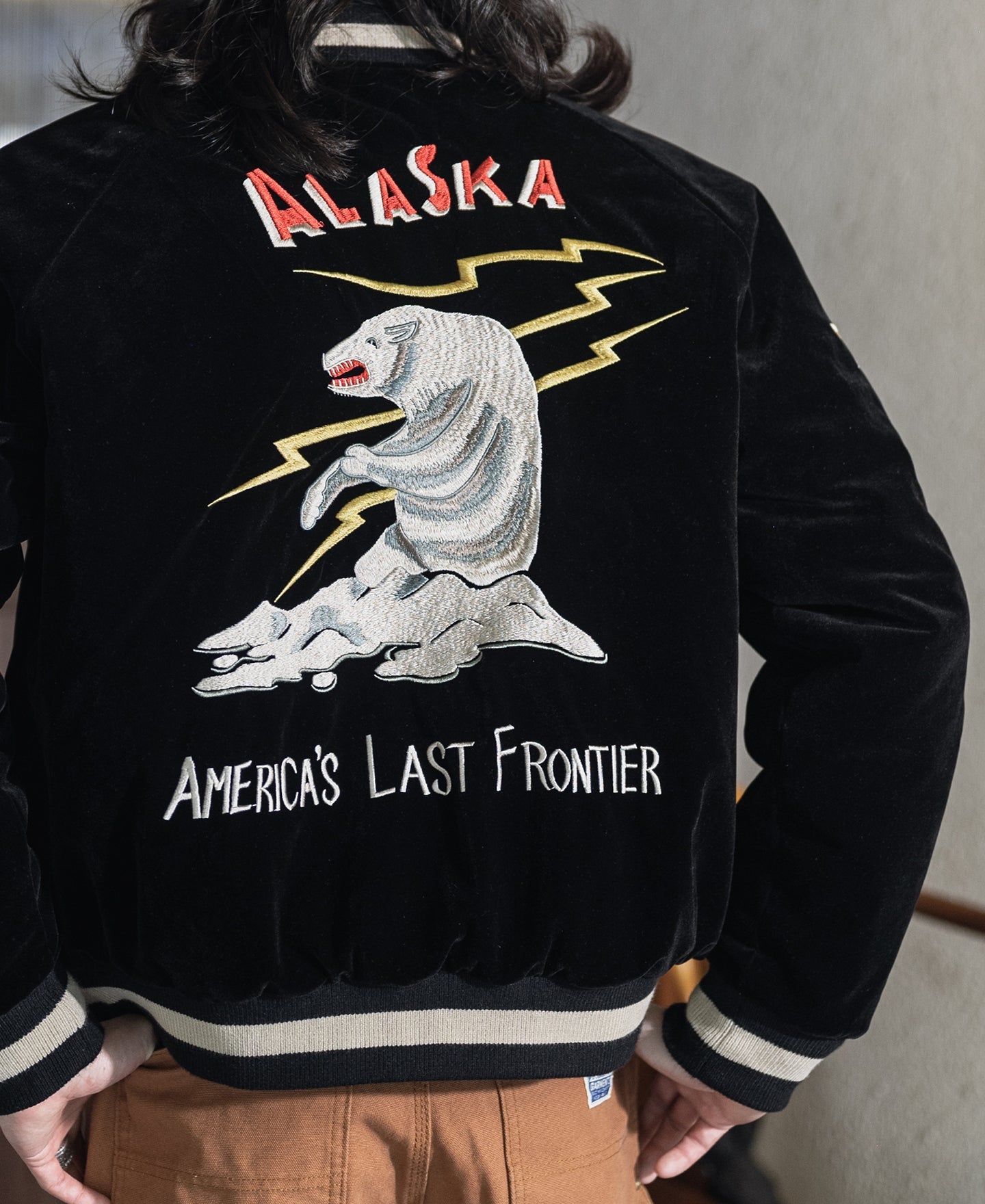 Blouson Souvenir Bomber Homme Réversible Noir Brodé Ours Polaire