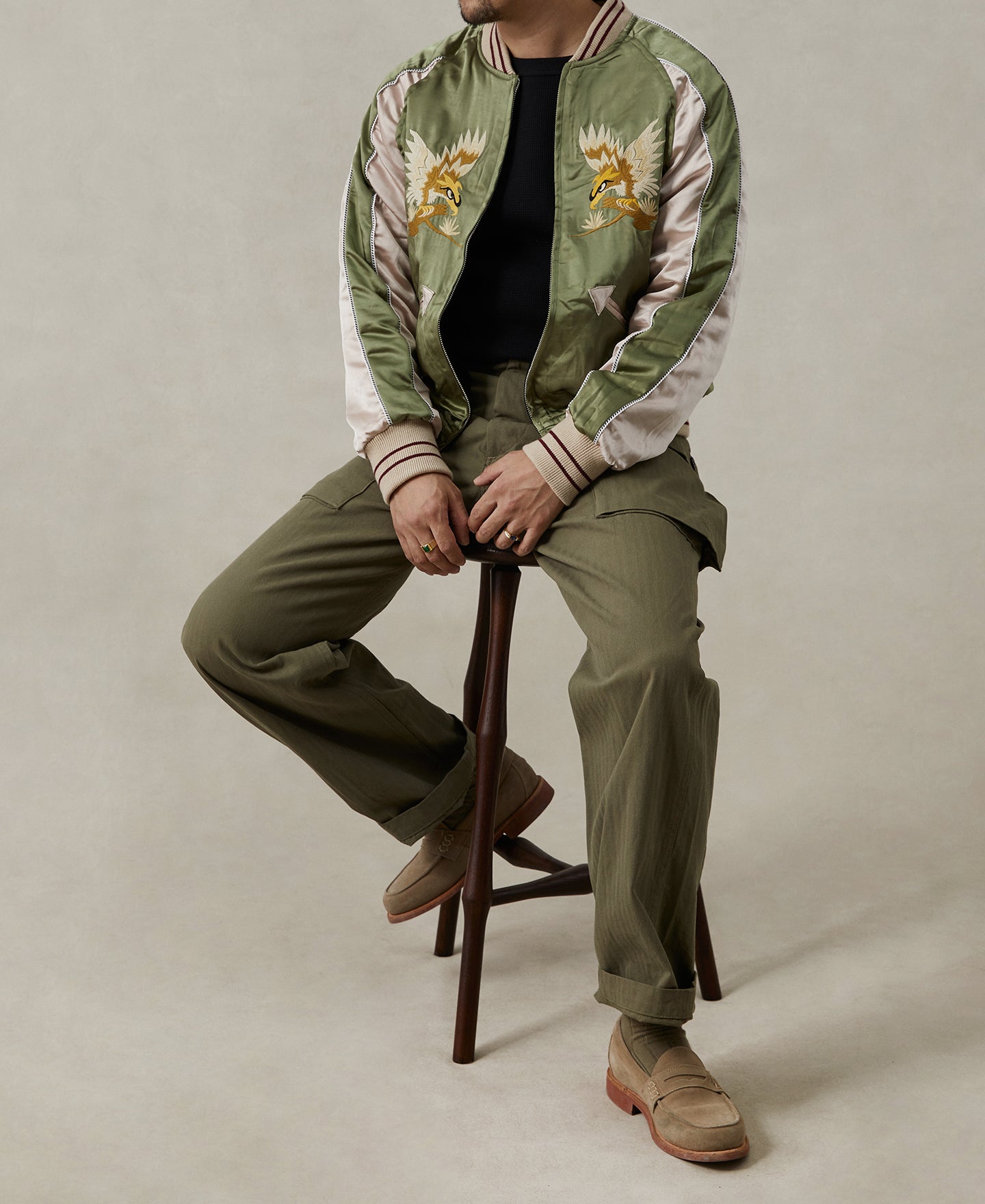 Blouson aviateur réversible satin vert blanc broderie aigle fermeture éclair