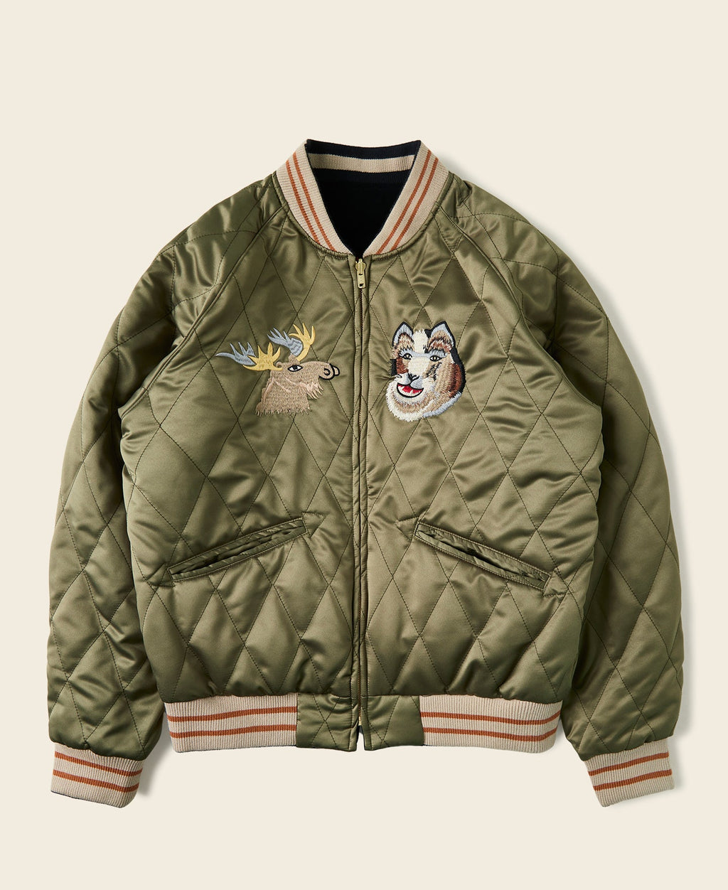 Blouson Souvenir Bomber Homme Réversible Noir Brodé Ours Polaire