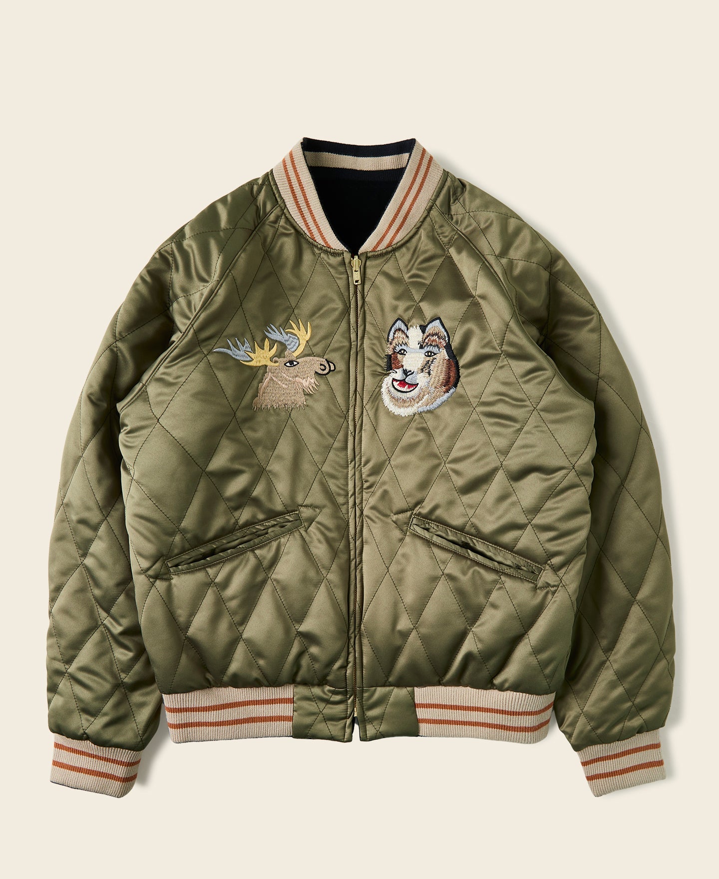 Blouson Souvenir Bomber Homme Réversible Noir Brodé Ours Polaire