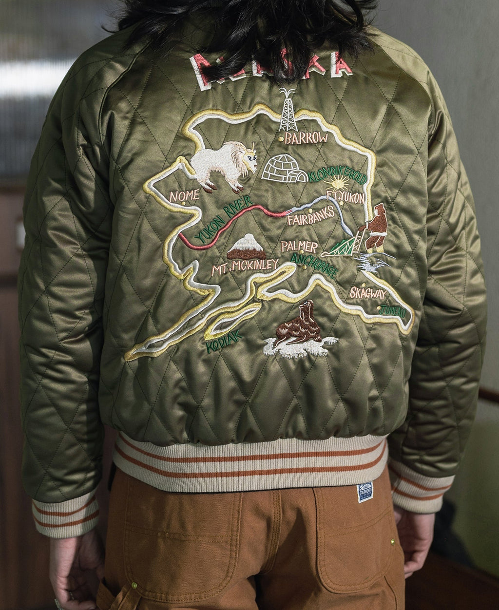 Blouson Souvenir Bomber Homme Réversible Noir Brodé Ours Polaire