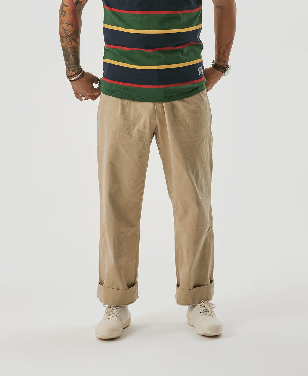 Pantalon chino homme kaki à double pli, coupe décontractée et fuselée