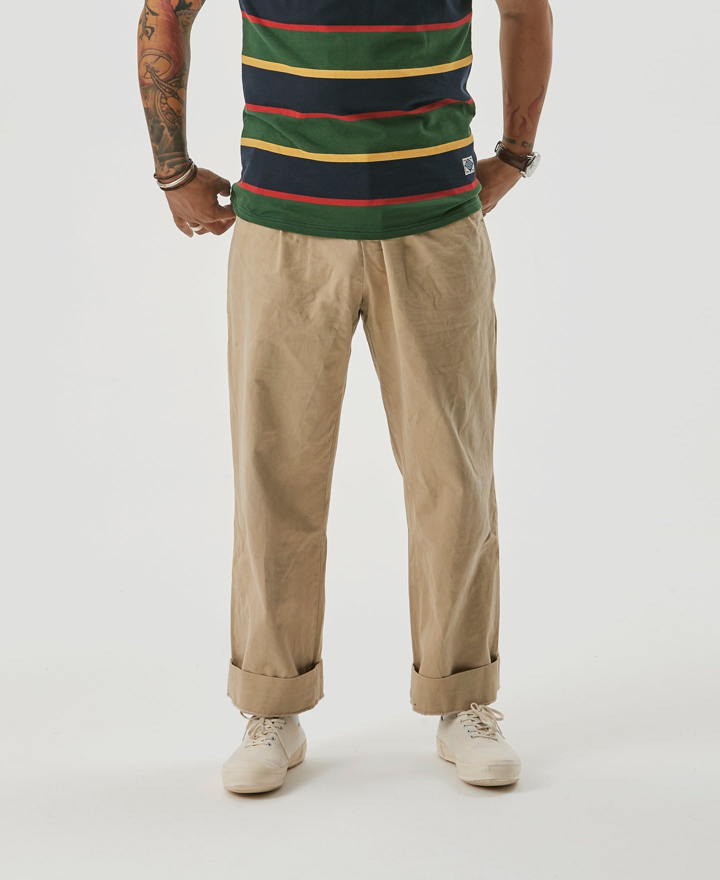 Pantalon chino homme kaki à double pli, coupe décontractée et fuselée