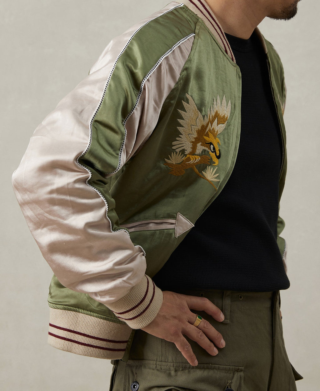 Blouson aviateur réversible satin vert blanc broderie aigle fermeture éclair
