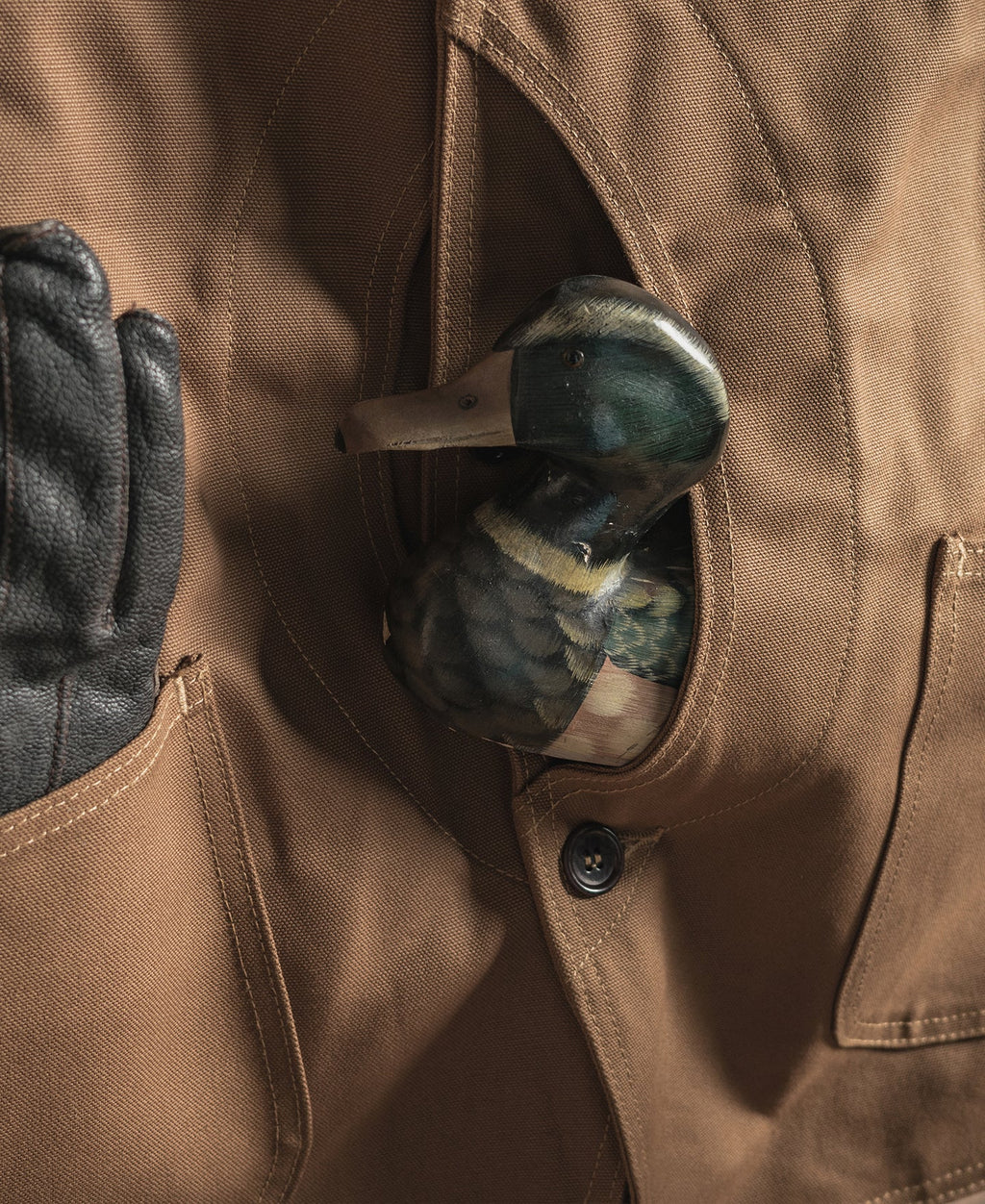 Gilet de chasse kaki épais en toile avec poches à gibier et fermeture boutonnée