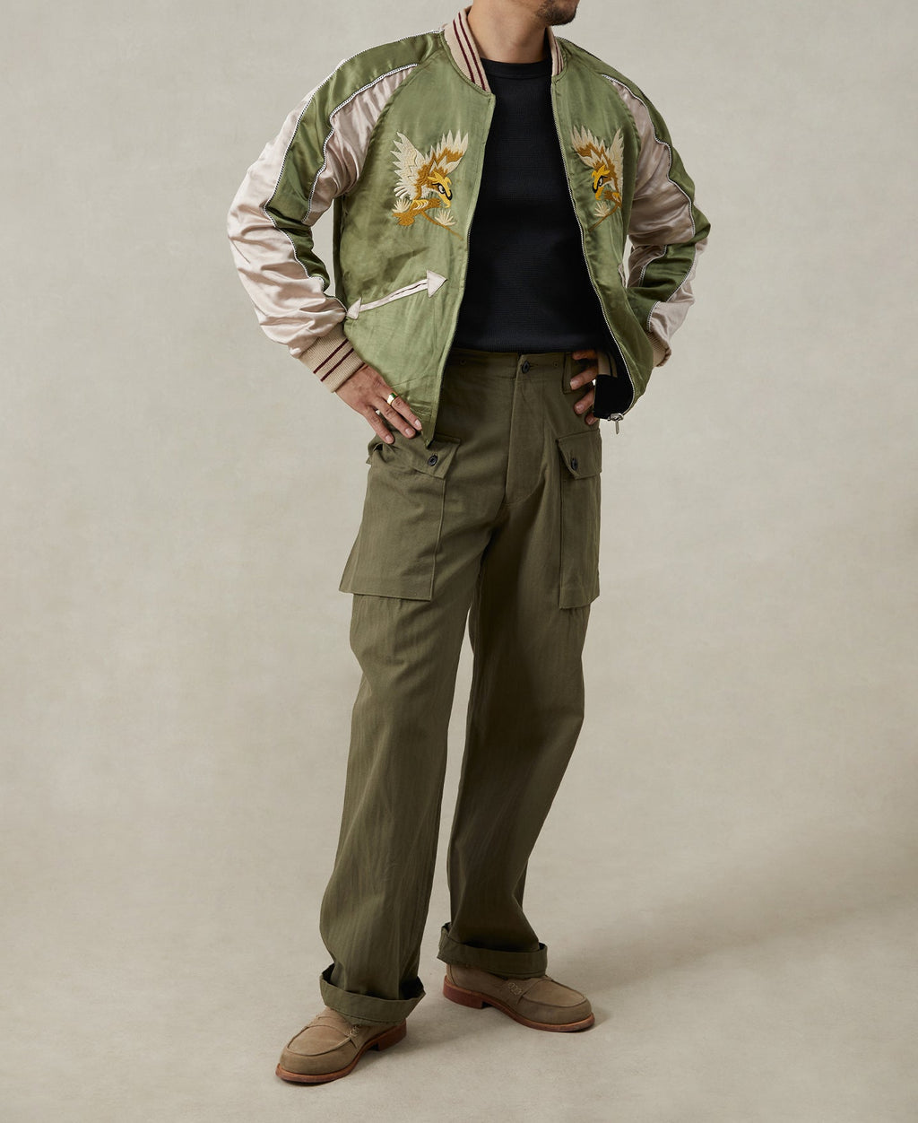 Blouson aviateur réversible satin vert blanc broderie aigle fermeture éclair