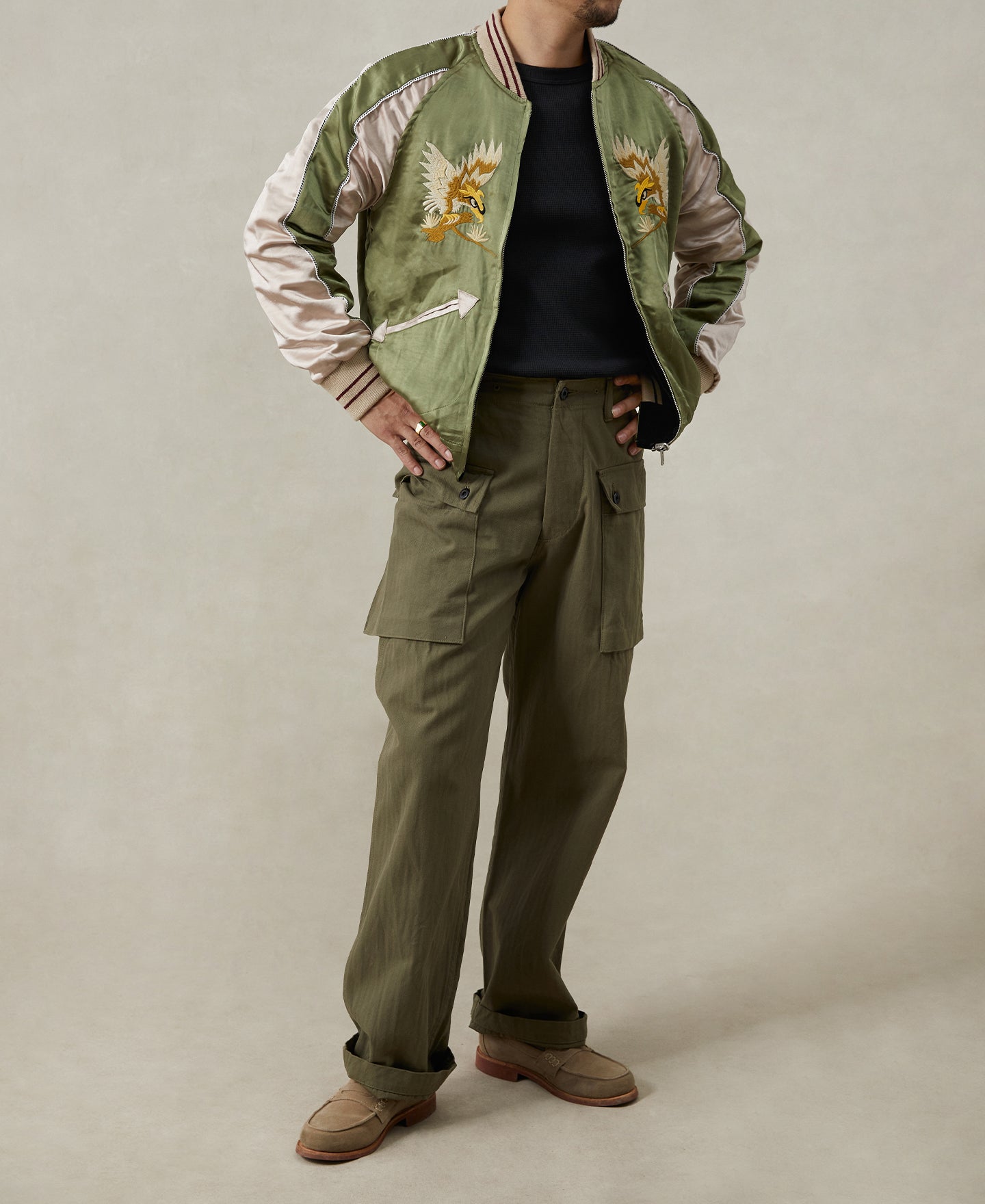 Blouson aviateur réversible satin vert blanc broderie aigle fermeture éclair