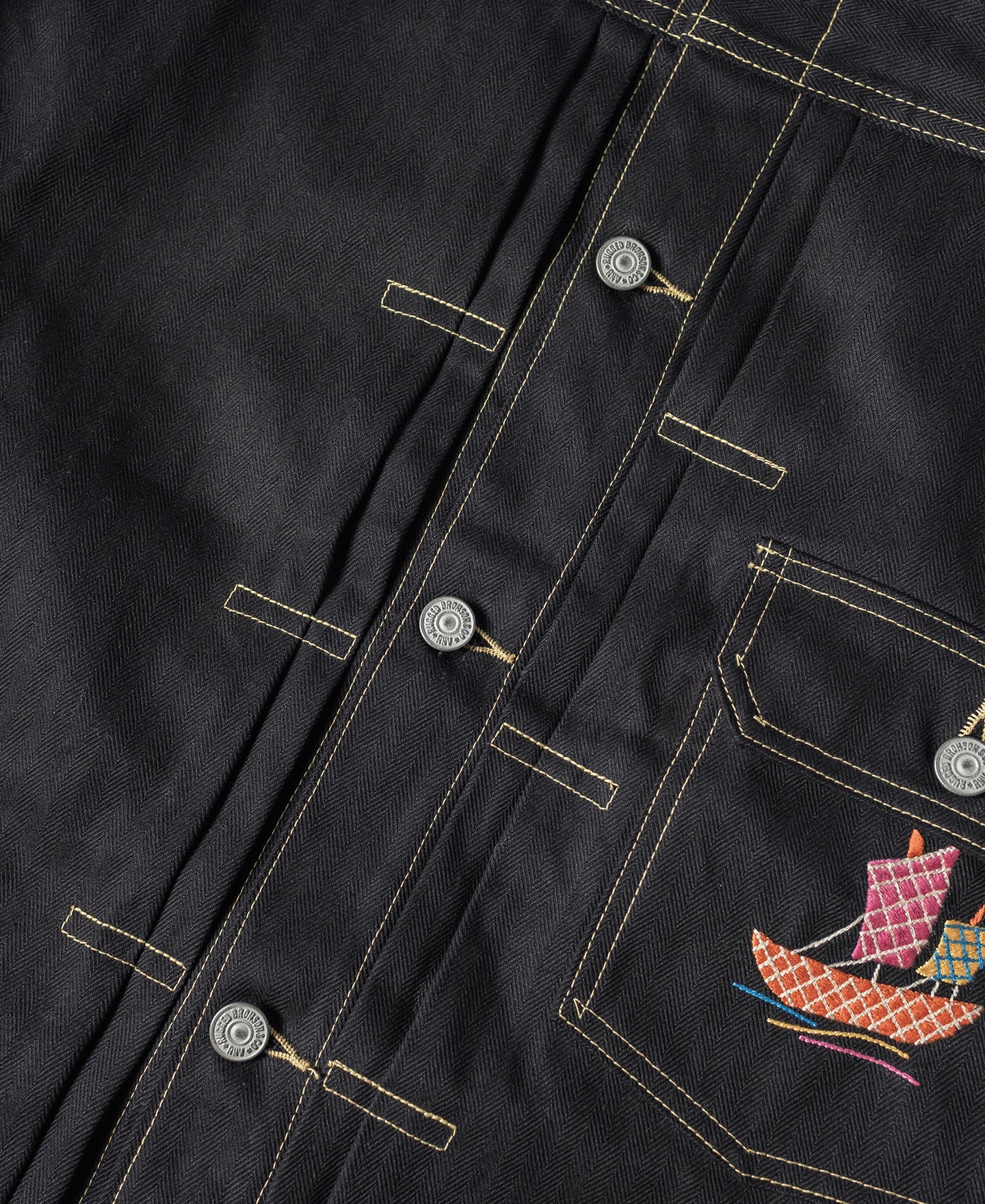 Veste de souvenir Dragon noir brodé surpiquée contrastante à boutons