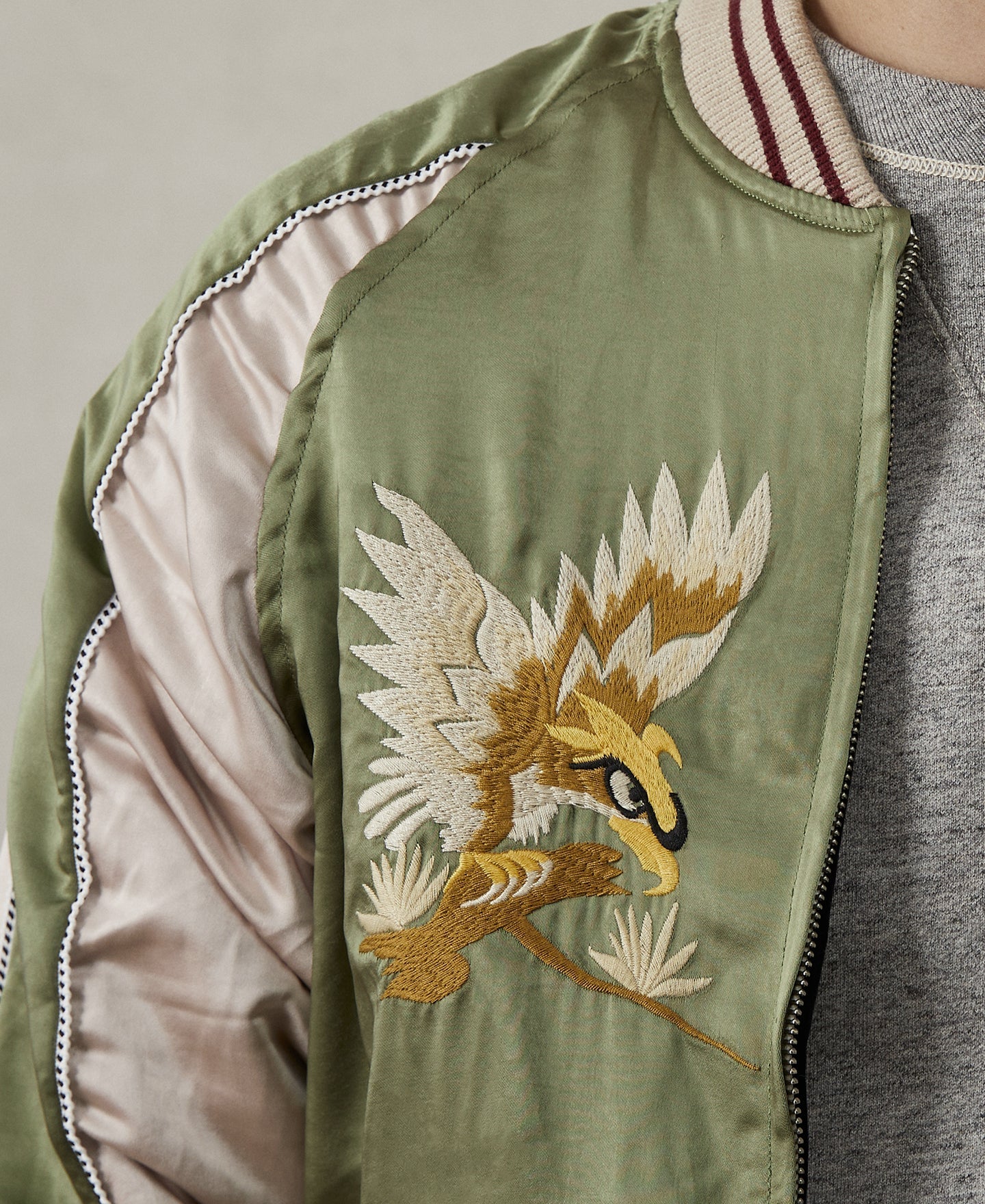 Blouson aviateur réversible satin vert blanc broderie aigle fermeture éclair
