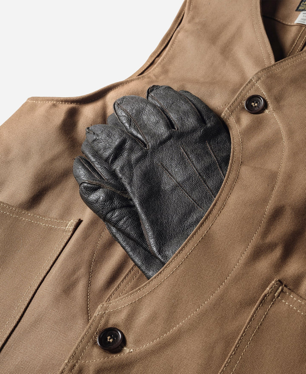 Gilet de chasse kaki épais en toile avec poches à gibier et fermeture boutonnée