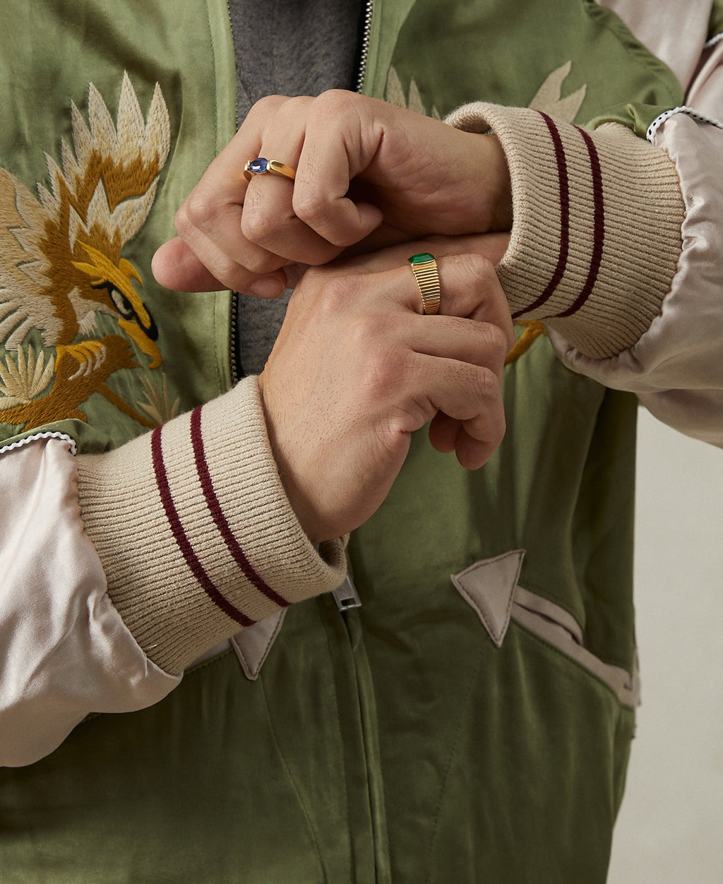 Blouson aviateur réversible satin vert blanc broderie aigle fermeture éclair