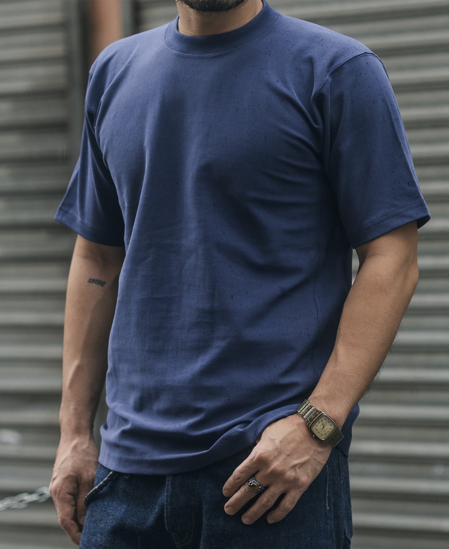 T-shirt en coton épais à col rond et manches courtes, coupe décontractée, couleur marine