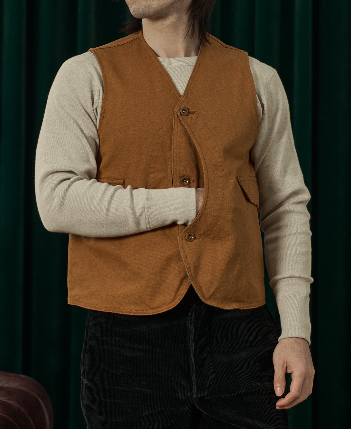 Gilet vintage en toile avec poche pour gibier, marron gingembre, boutonné devant, vêtement d'extérieur utilitaire