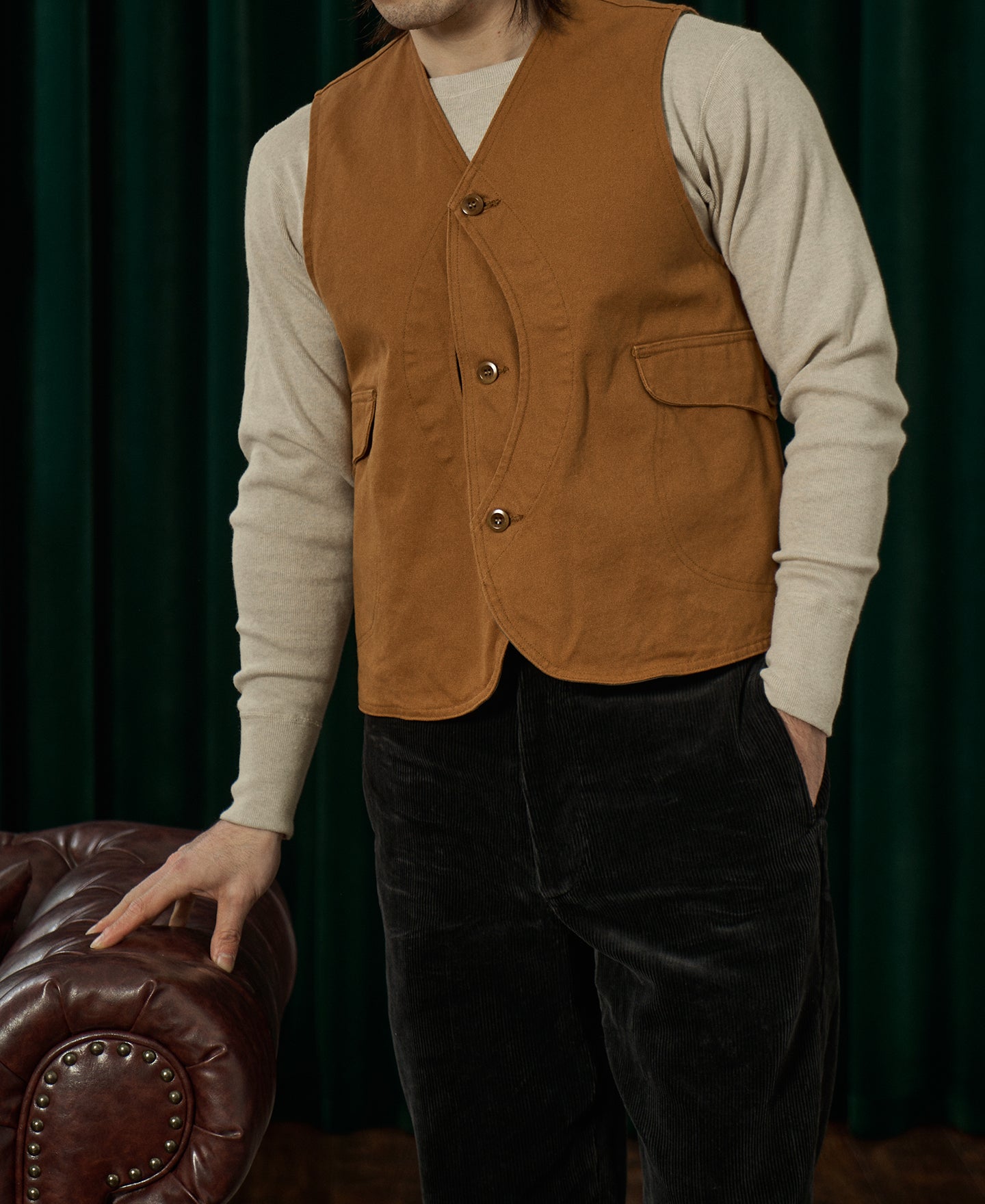 Gilet vintage en toile avec poche pour gibier, marron gingembre, boutonné devant, vêtement d'extérieur utilitaire