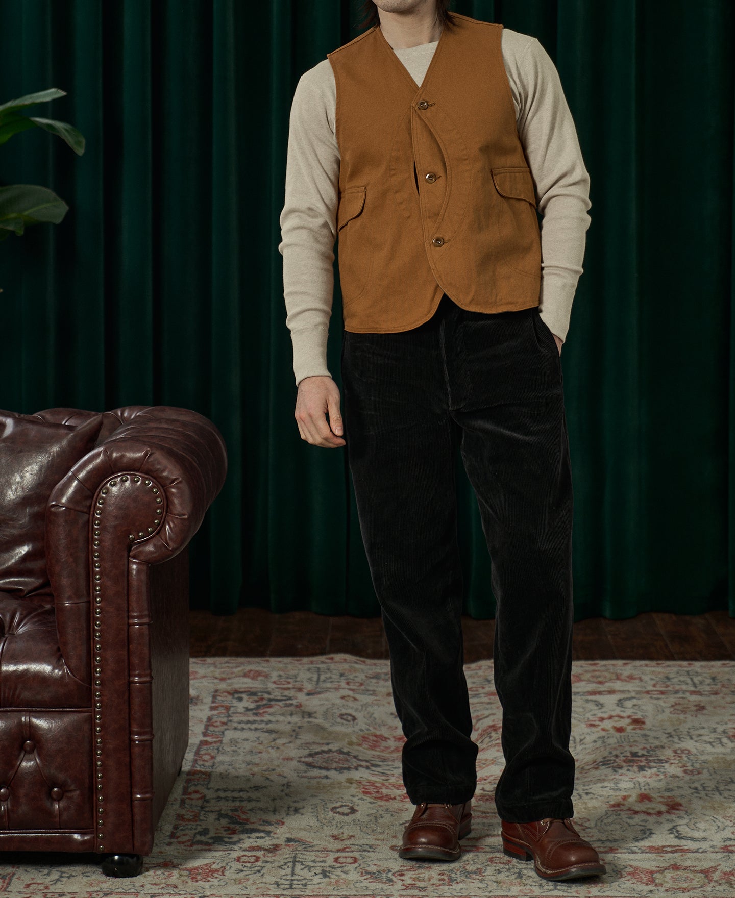 Pantalon de travail en velours côtelé noir résistant, taille haute, coupe droite