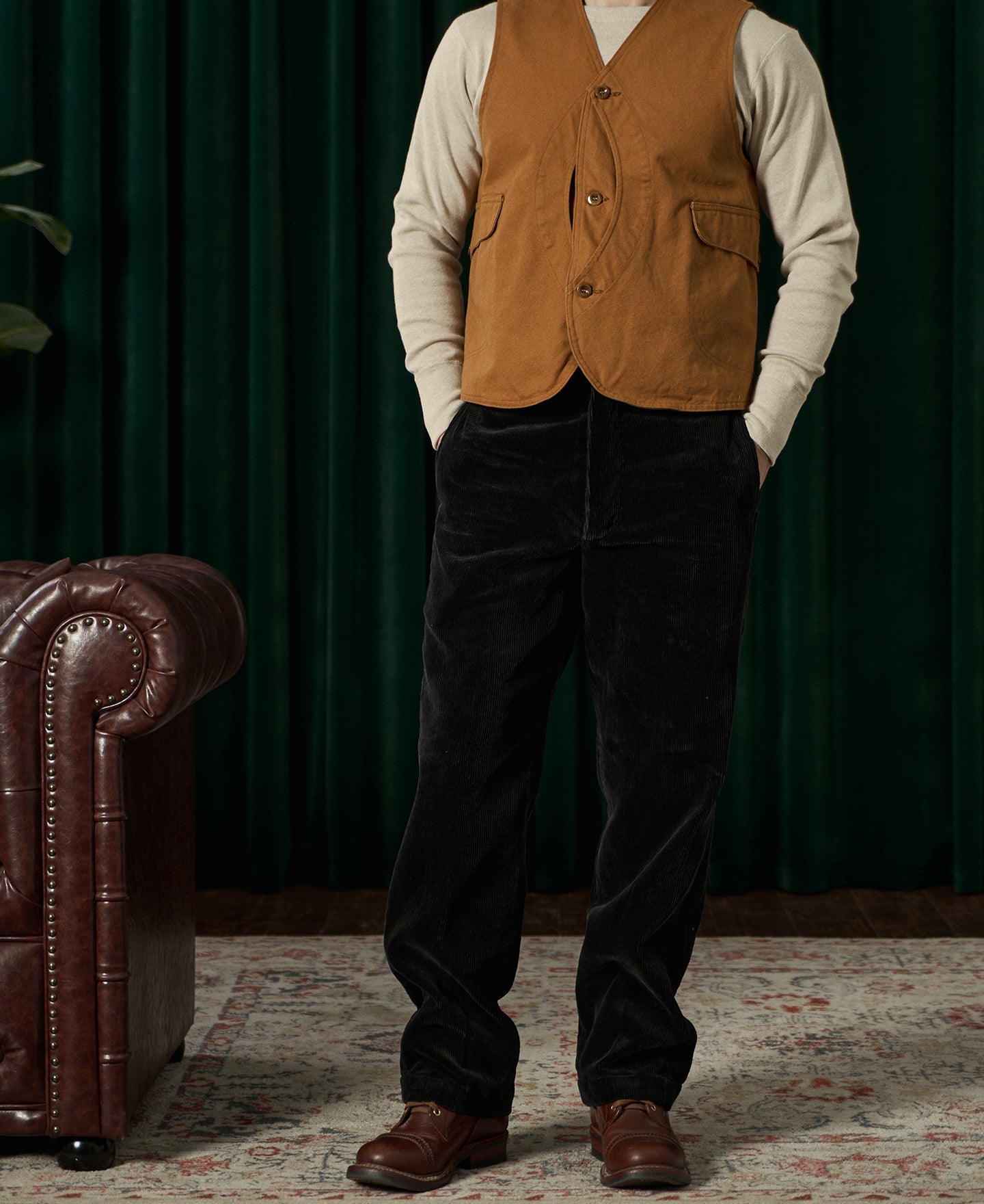 Pantalon de travail en velours côtelé noir résistant, taille haute, coupe droite