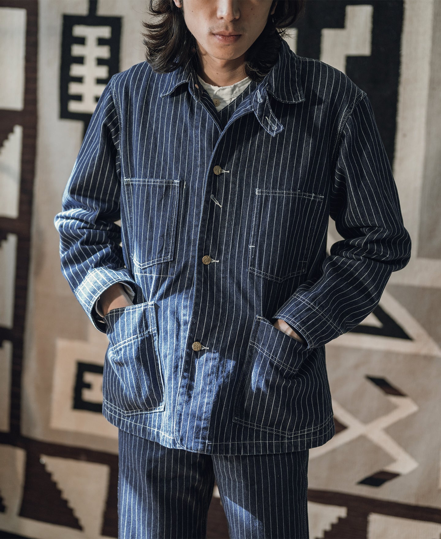 Veste de travail boutonnée Indigo à rayures tissées avec quatre poches