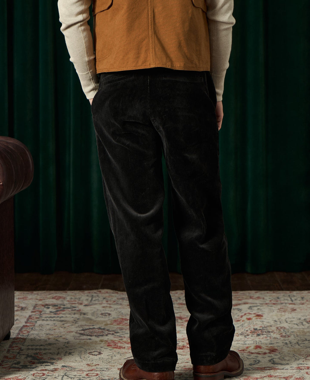 Pantalon de travail en velours côtelé noir résistant, taille haute, coupe droite