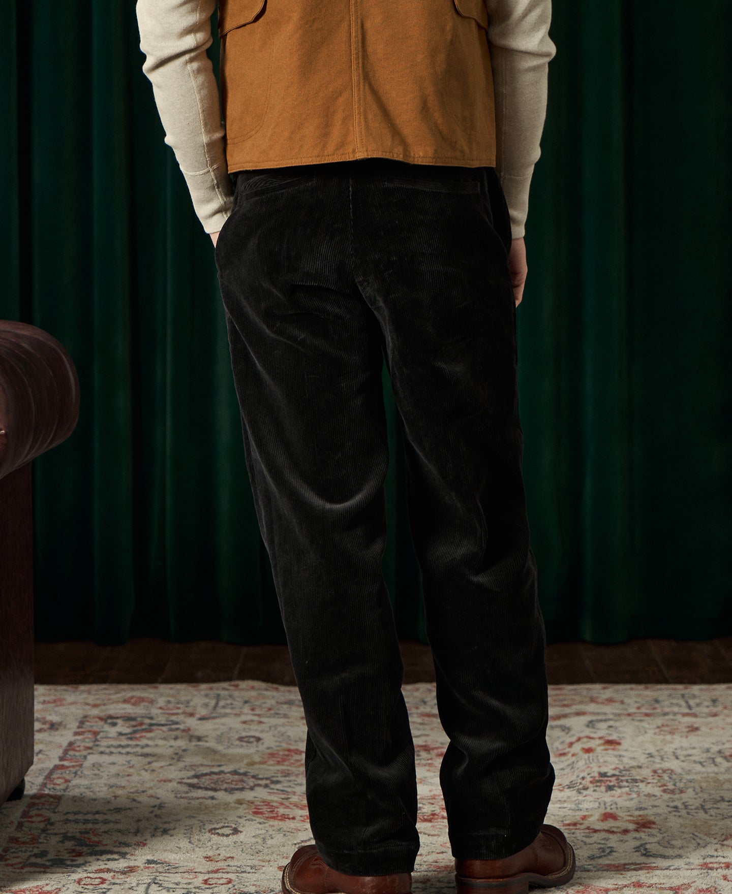 Pantalon de travail en velours côtelé noir résistant, taille haute, coupe droite
