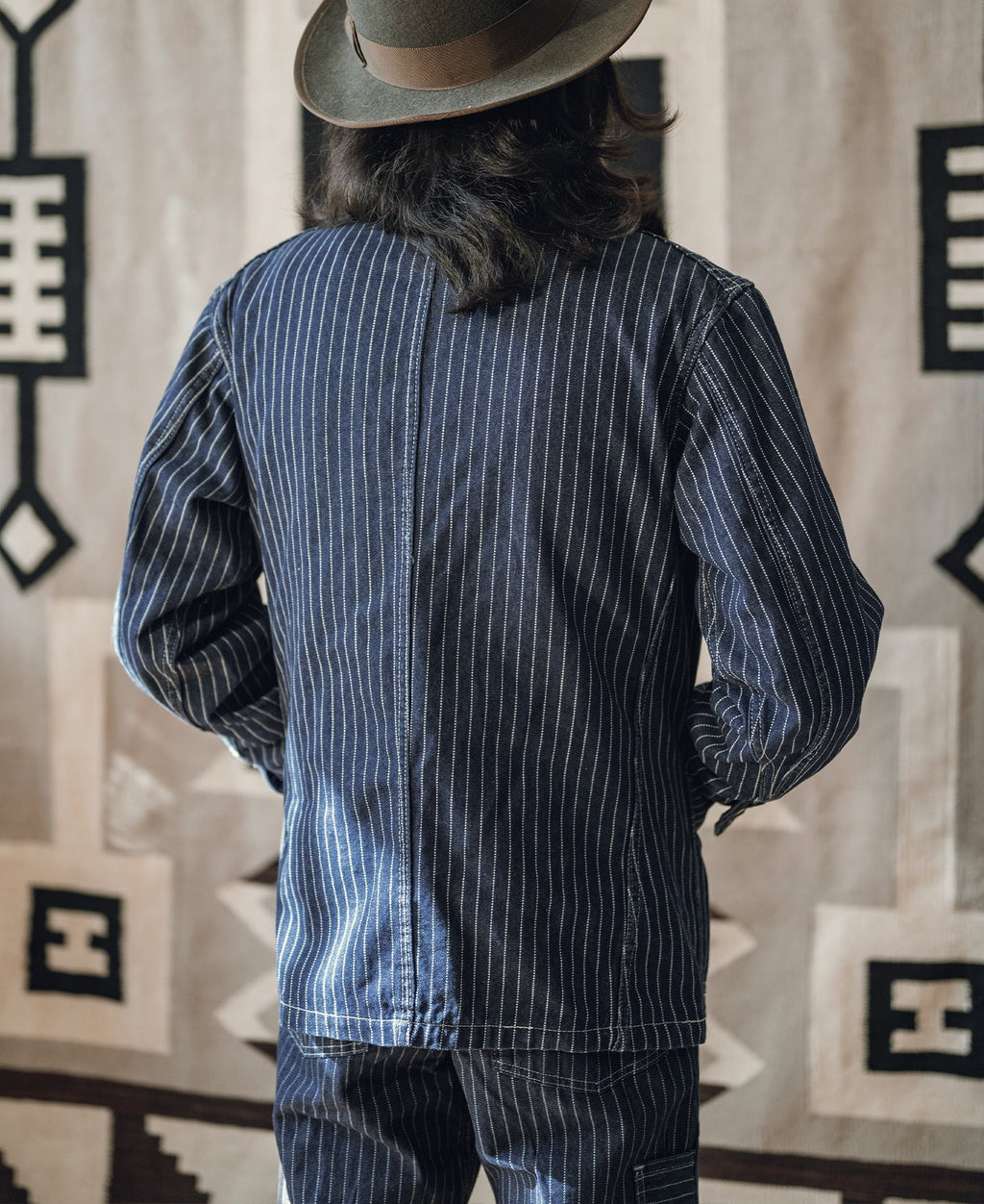 Veste de travail boutonnée Indigo à rayures tissées avec quatre poches