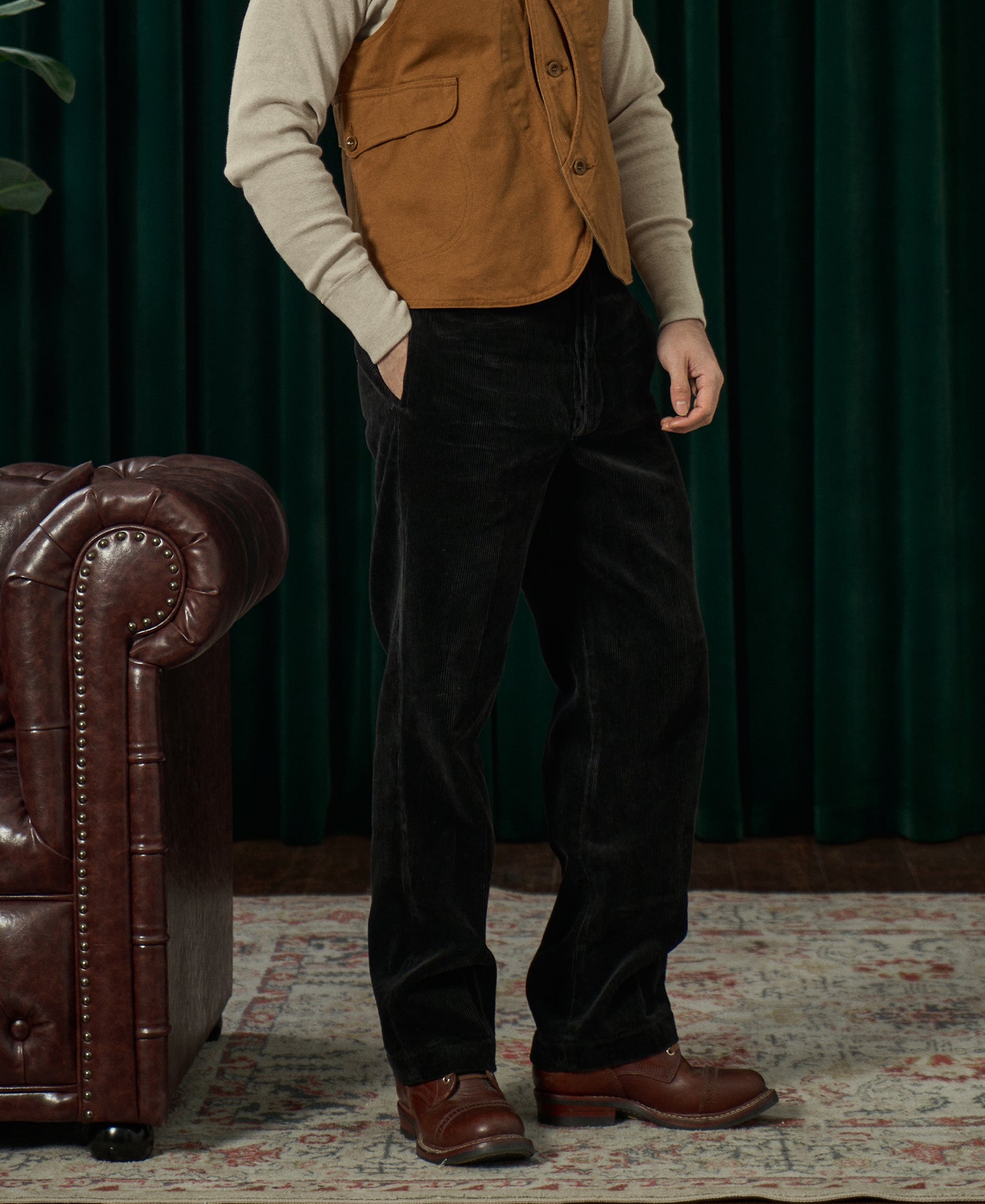 Pantalon de travail en velours côtelé noir résistant, taille haute, coupe droite