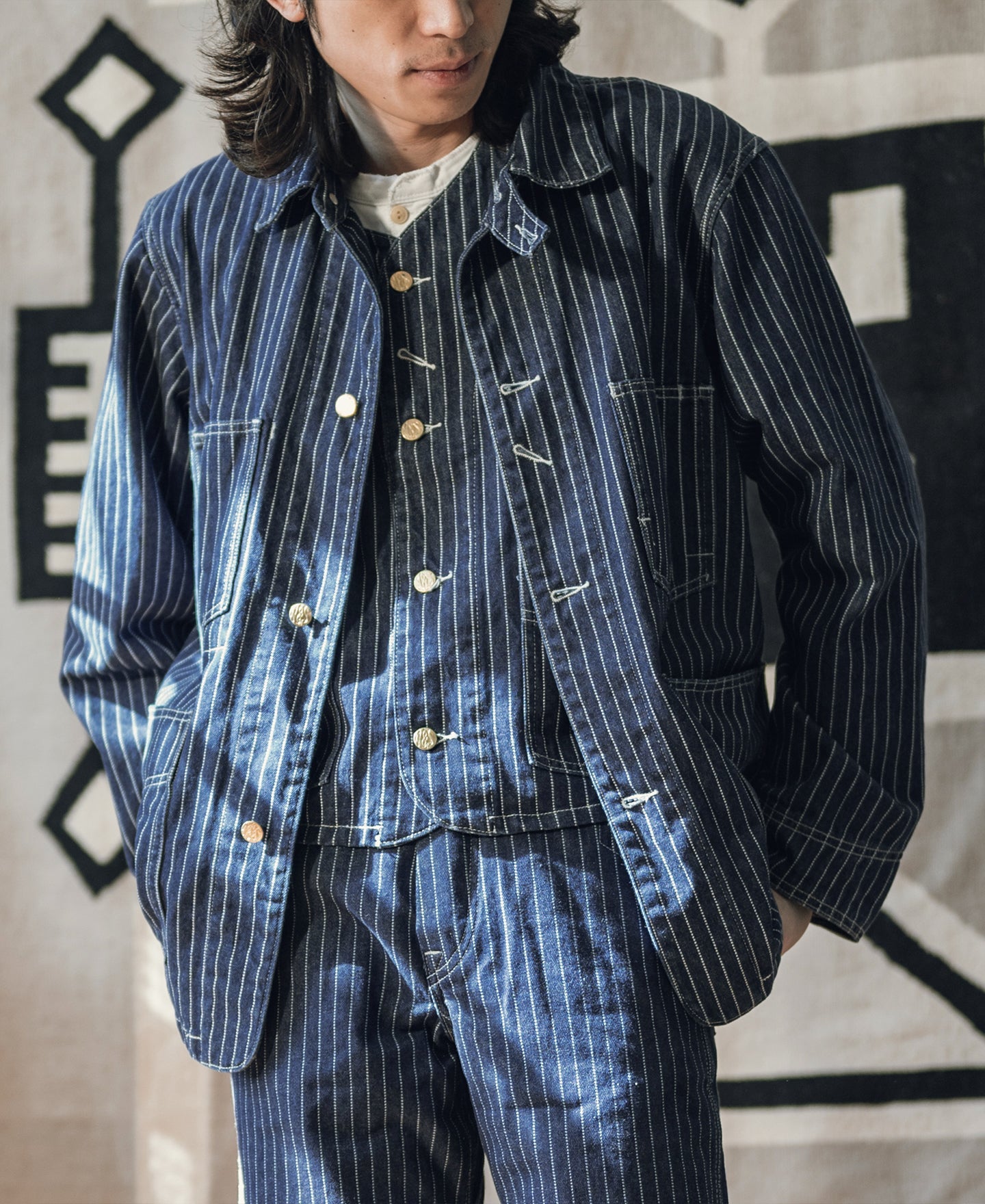 Veste de travail boutonnée Indigo à rayures tissées avec quatre poches