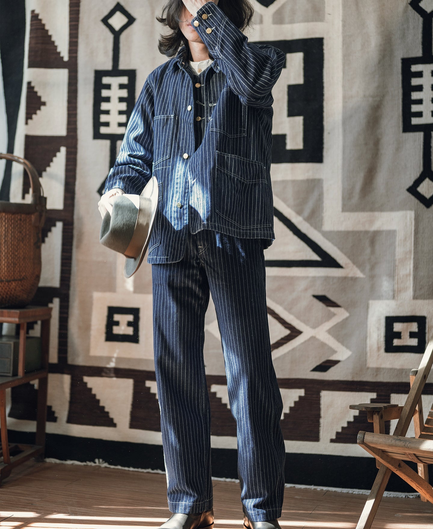 Veste de travail boutonnée Indigo à rayures tissées avec quatre poches