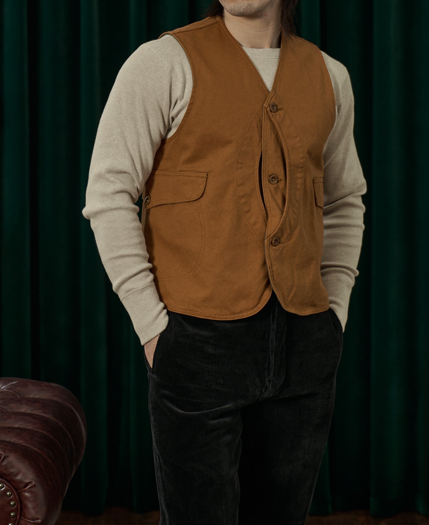 Gilet vintage en toile avec poche pour gibier, marron gingembre, boutonné devant, vêtement d'extérieur utilitaire