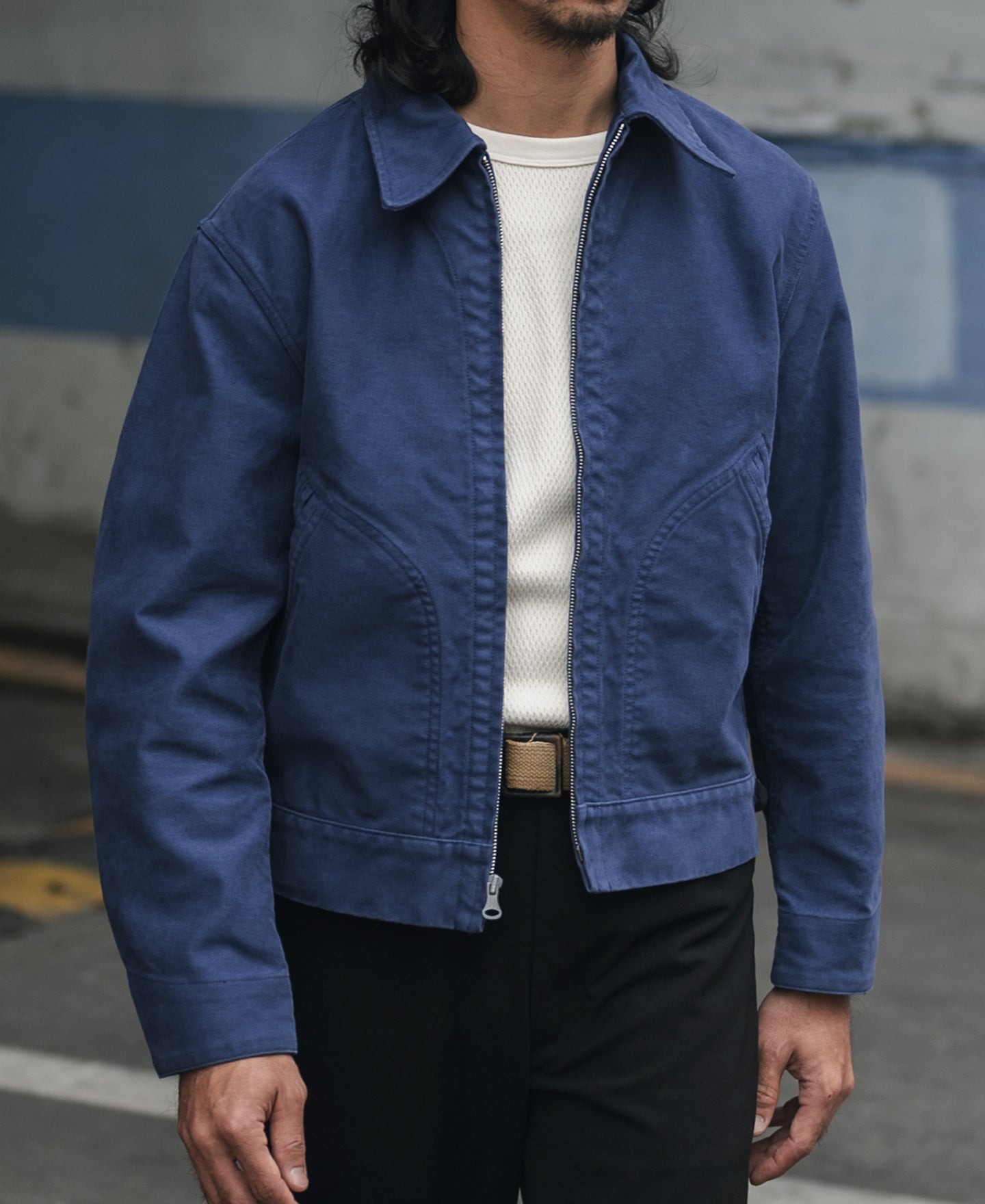 Veste de travail vintage zippée en moleskine bleue avec col à revers