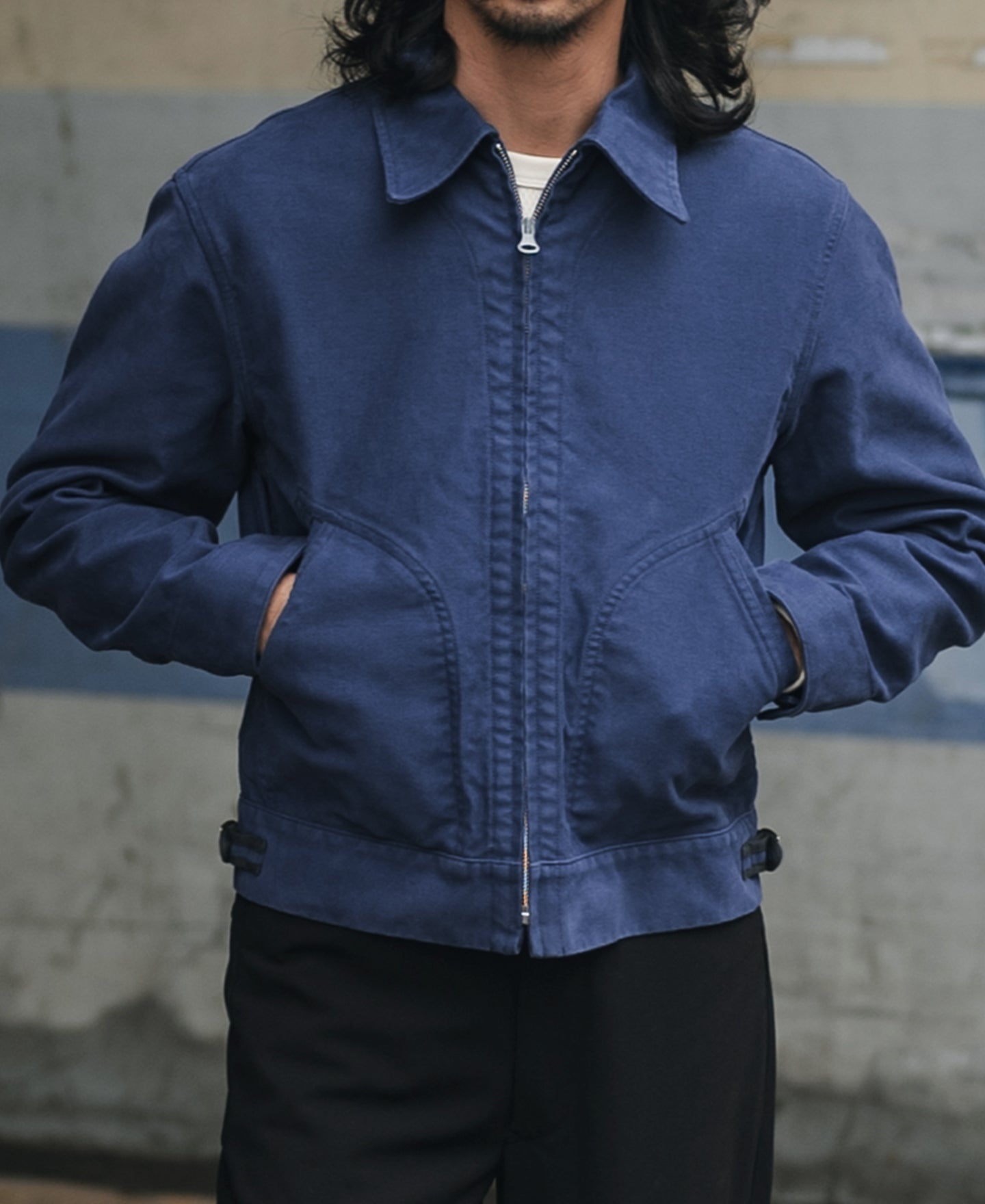 Veste de travail vintage zippée en moleskine bleue avec col à revers
